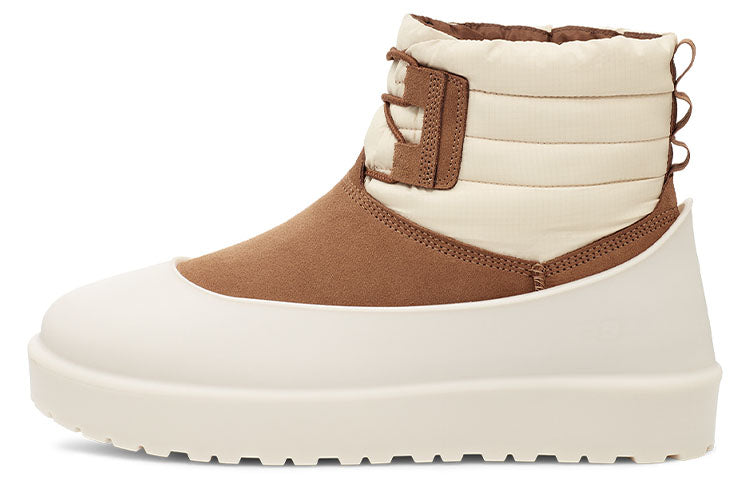 Close-up of UGG Classic Mini Lace-Up Weather Boot 'Dune' highlighting the soft sheepskin lining and durable craftsmanship.