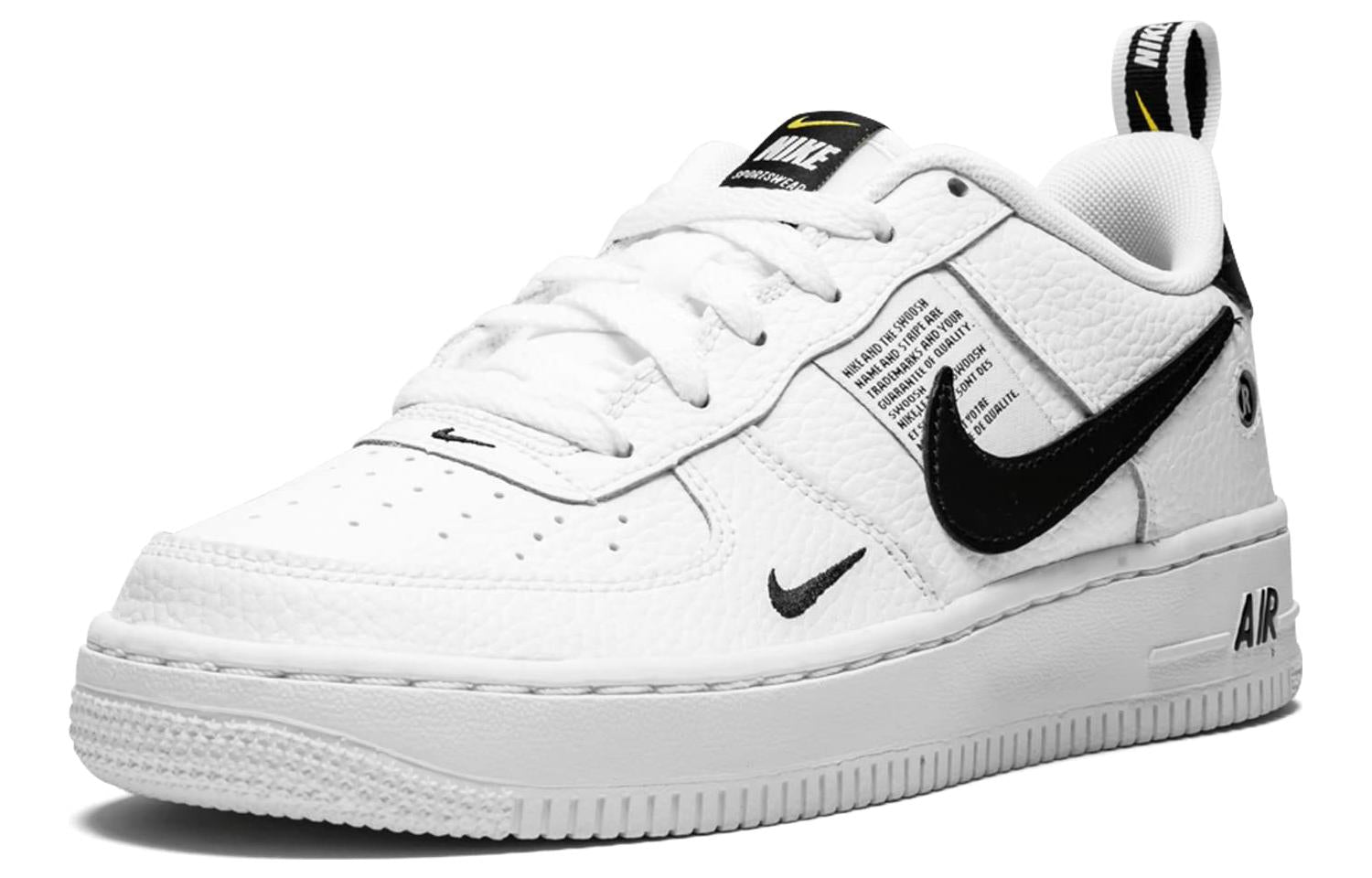 Top-down perspective of the Nike Air Force 1 '07 LV8 'Overbranding' highlighting the unique multi-loop heel branding.