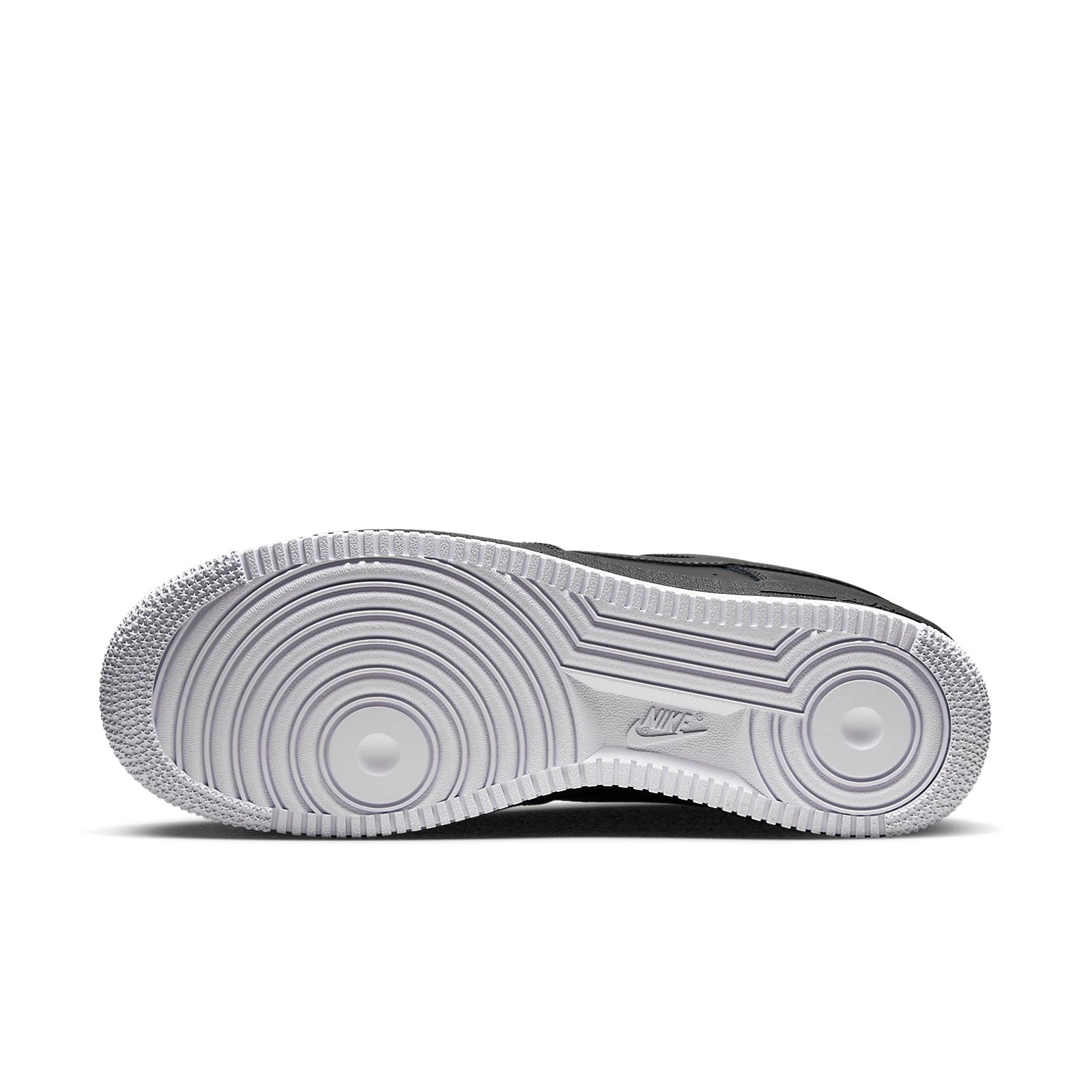 Top-down view of Nike Air Force 1 '07 'Black White' showcasing its unique silhouette and iconic branding.