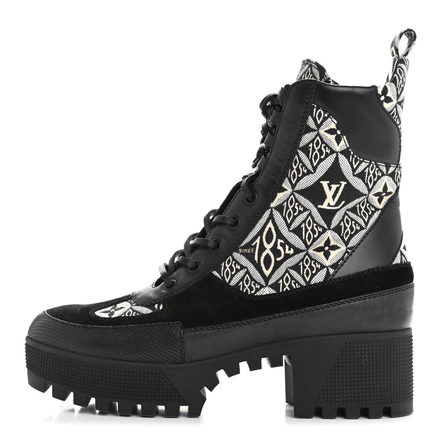 Louis Vuitton Laureate Platform Desert Boots showcasing vintage-inspired Since 1854 jacquard textile with suede calf leather trim.