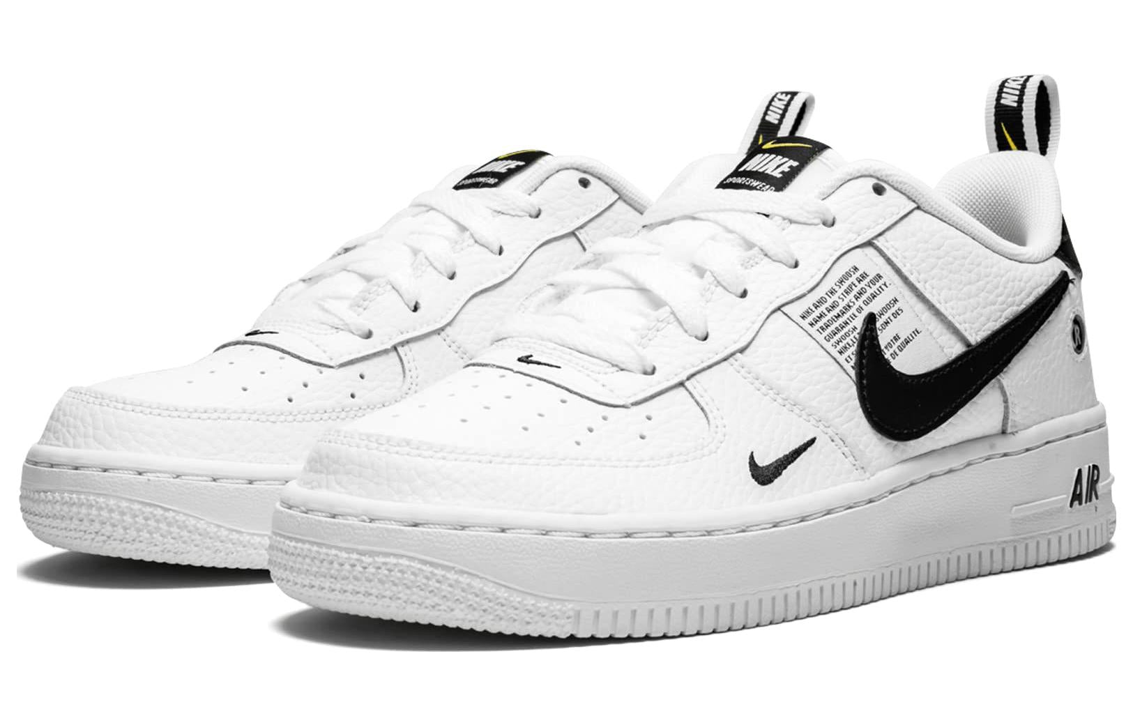Detailed shot of the Nike Air Force 1 '07 LV8 'Overbranding' footwear with a concentric circle outsole for traction.