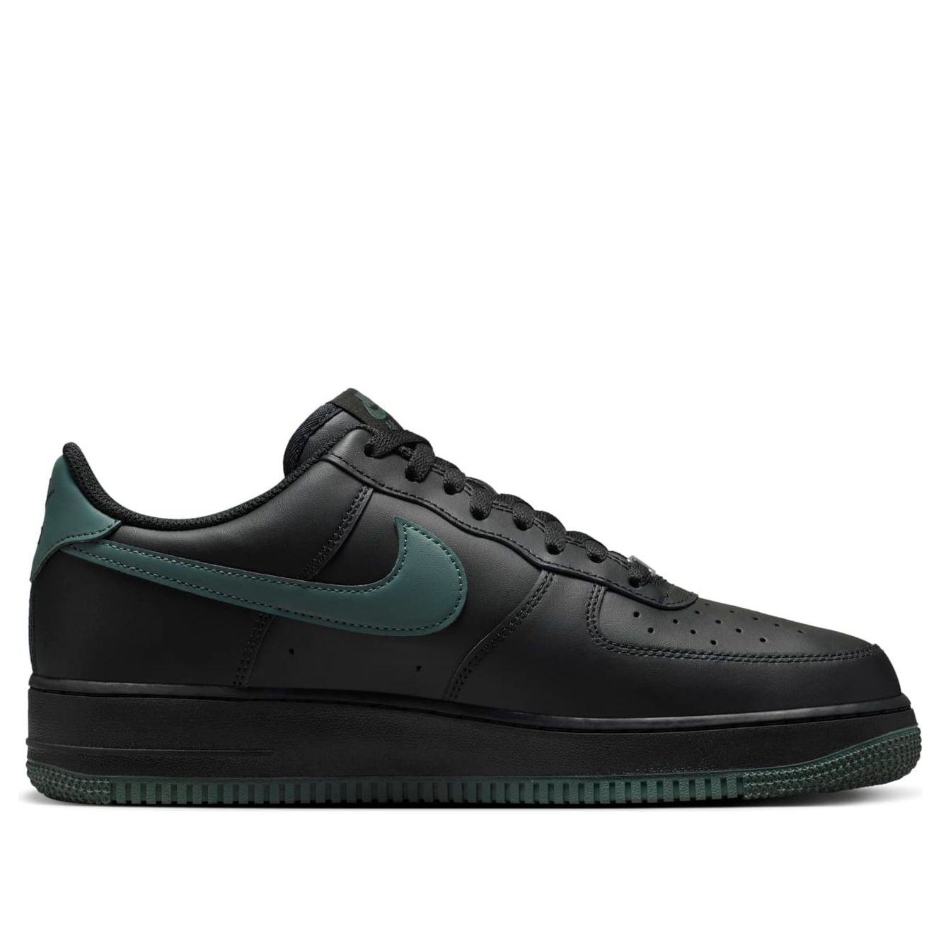 Nike Air Force 1 Low 'Black Vintage Green' showcasing the sleek black upper and vintage green accents on the Swoosh.