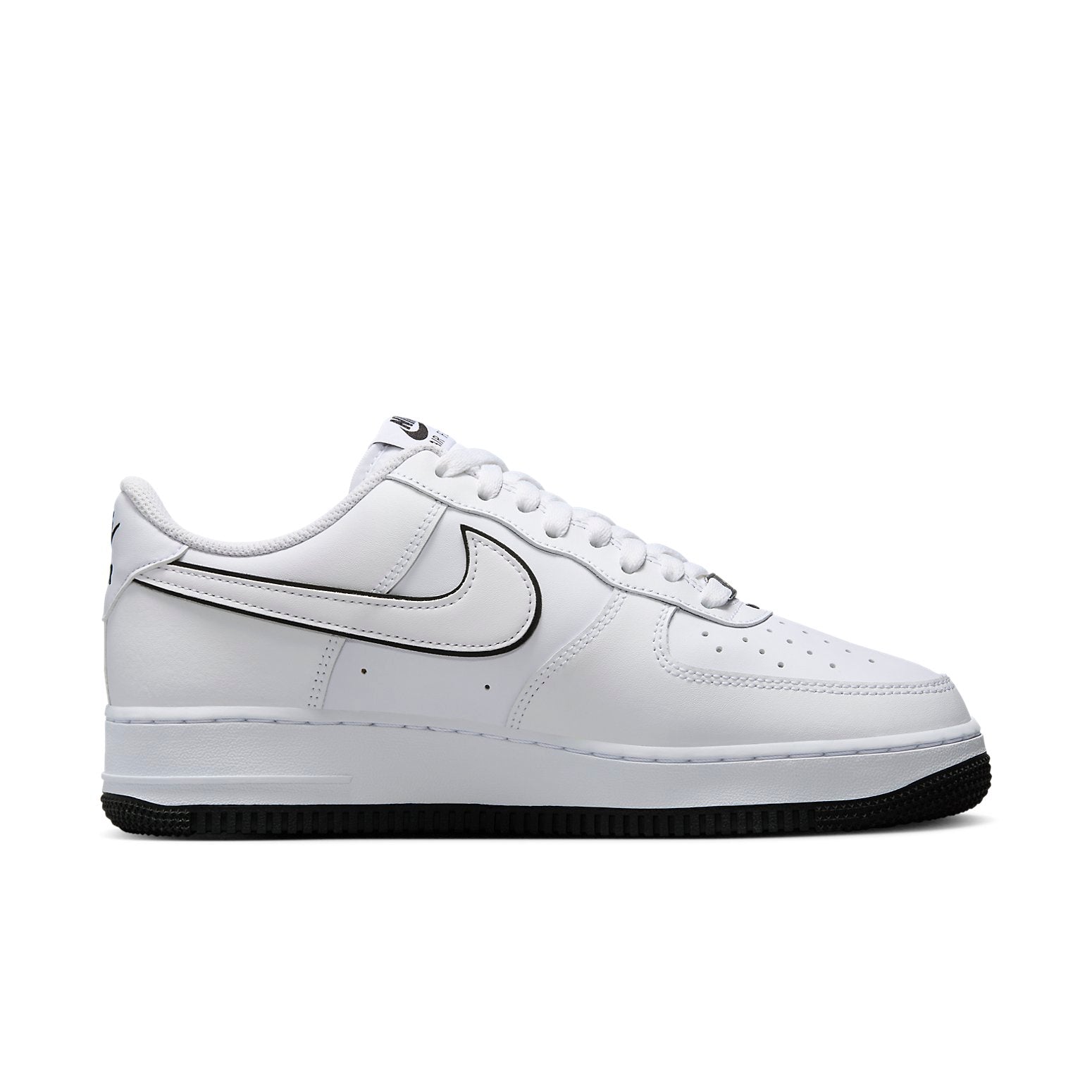 Close-up of the Nike Air Force 1 Low 'White Black' highlighting the detailed stitching and the black 'NIKE AIR' branding on the heel.