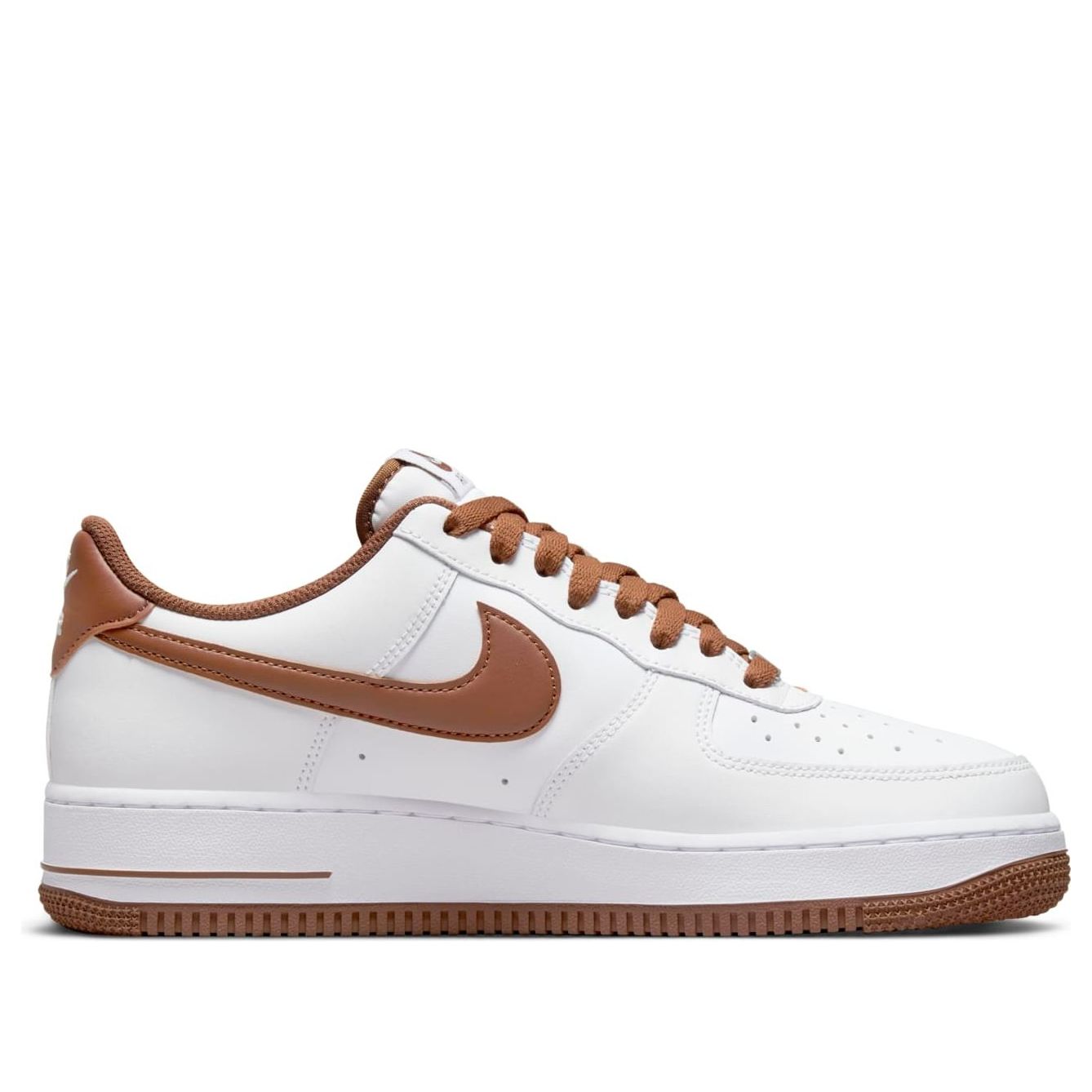 Close-up view of Nike Air Force 1 '07 'Pecan', highlighting the brown accents on the Swoosh and laces against the white leather.