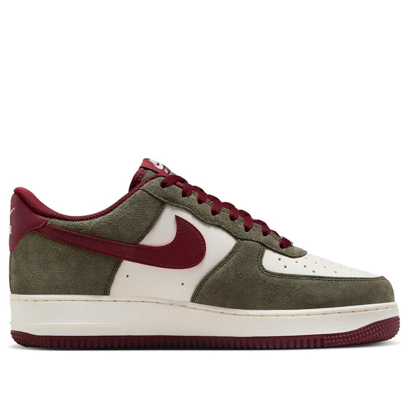 Close-up view of Nike Air Force 1 Low '07 LV8 'Cargo Khaki Pale Ivory Dark Team Red', showcasing premium materials.