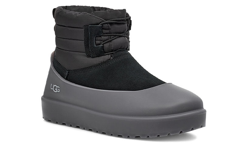 Close-up of the UGG Classic Mini Lace-Up Weather Boot in Black featuring its unique lace-up style and plush sheepskin lining.