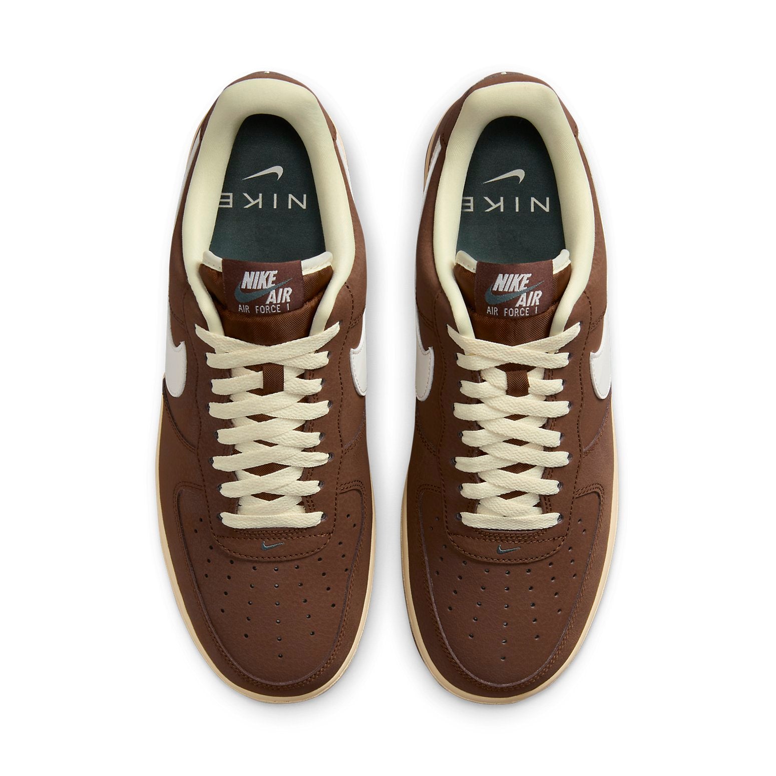 Close-up of the Cacao Wow Nike Air Force 1 '07 detailing the Coconut Milk-colored laces and mesh tongue.