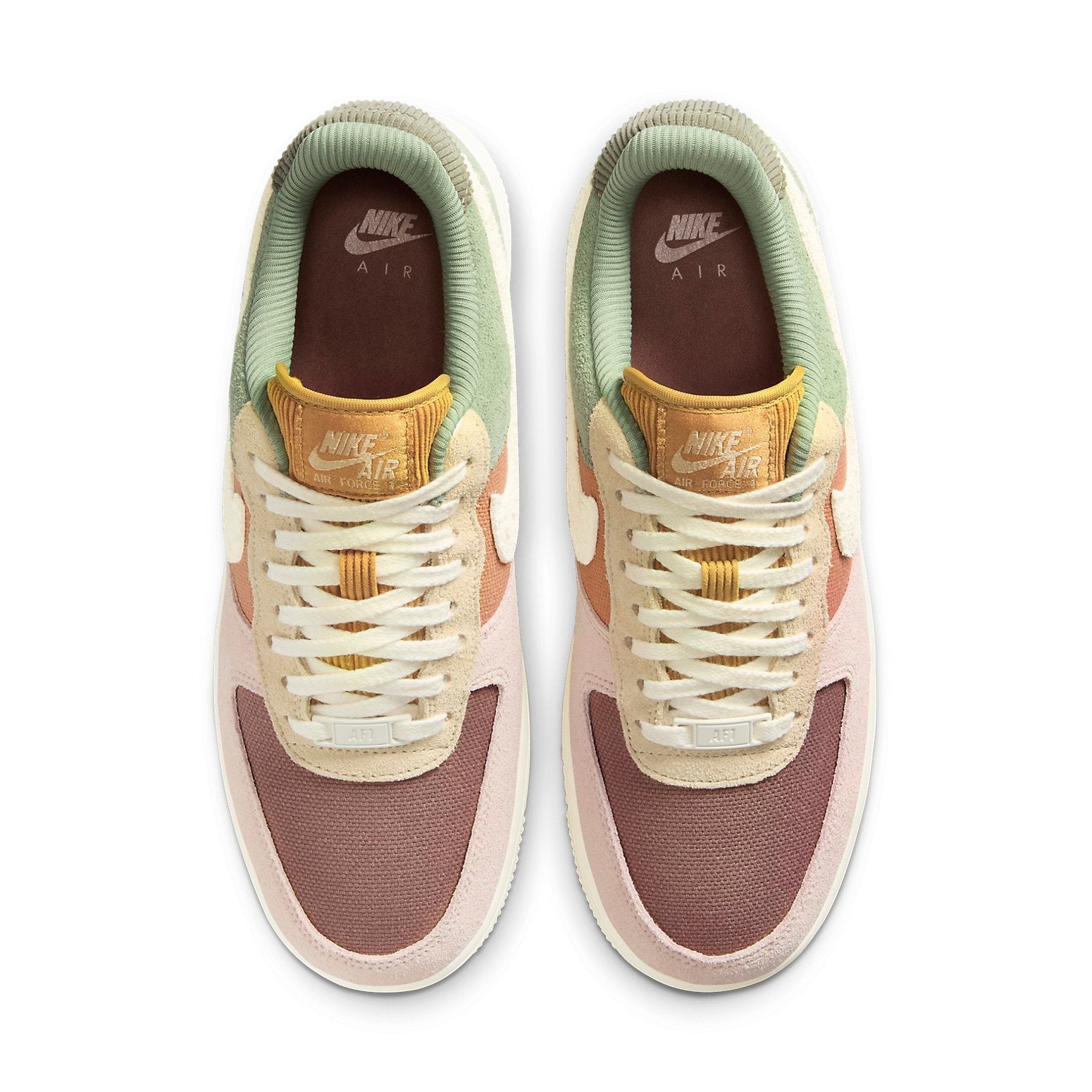 Nike Air Force 1 '07 LX 'Oil Green Terra Blush' sneaker showcasing its unique patchwork design with earthy tones.