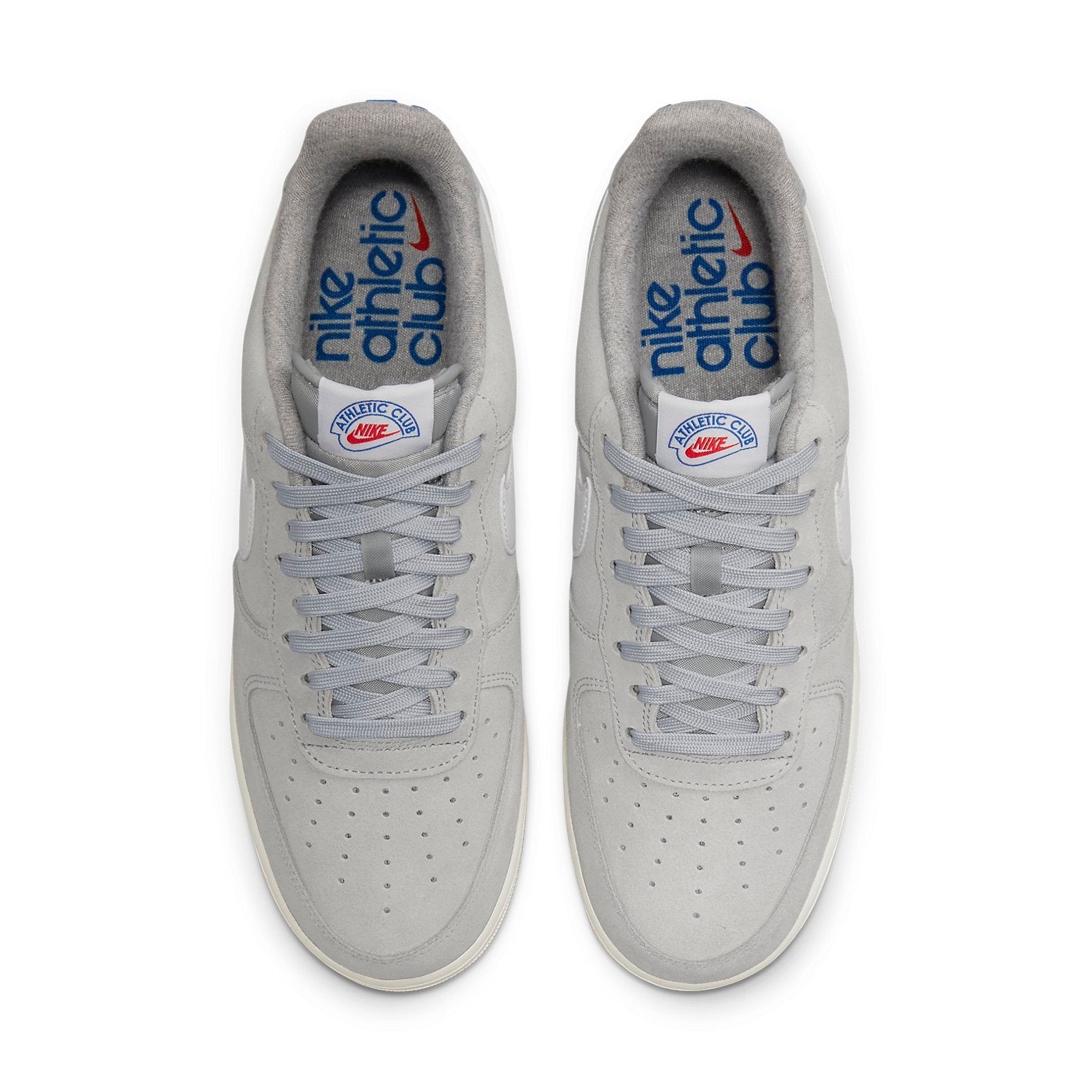 Nike Air Force 1 Low 'Athletic Club White' featuring a stylish Light Smoke Grey and White-Sail-Hyper-Royal colorway, showcasing suede upper and padded collar for comfort.