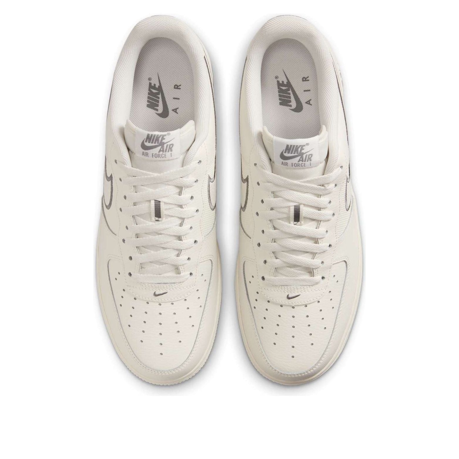 Top-down view of the Air Force 1 '07 'Sail Cool Grey' showcasing the unique lacing system and branding.