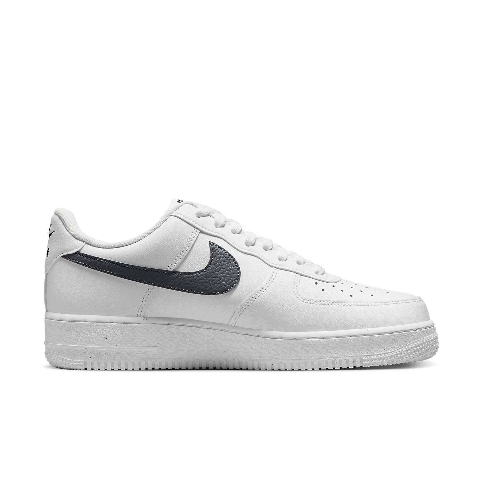 Close-up of the Nike Air Force 1 Low '07 Spray Paint Swoosh White Black Grey highlighting the unique pebbled gray Swoosh and black Nike branding.