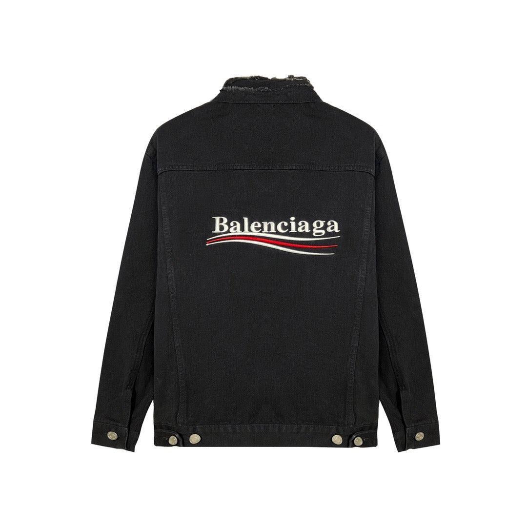 Balenciaga Black Embroidered Political Logo Denim Jacket - Banlieue91