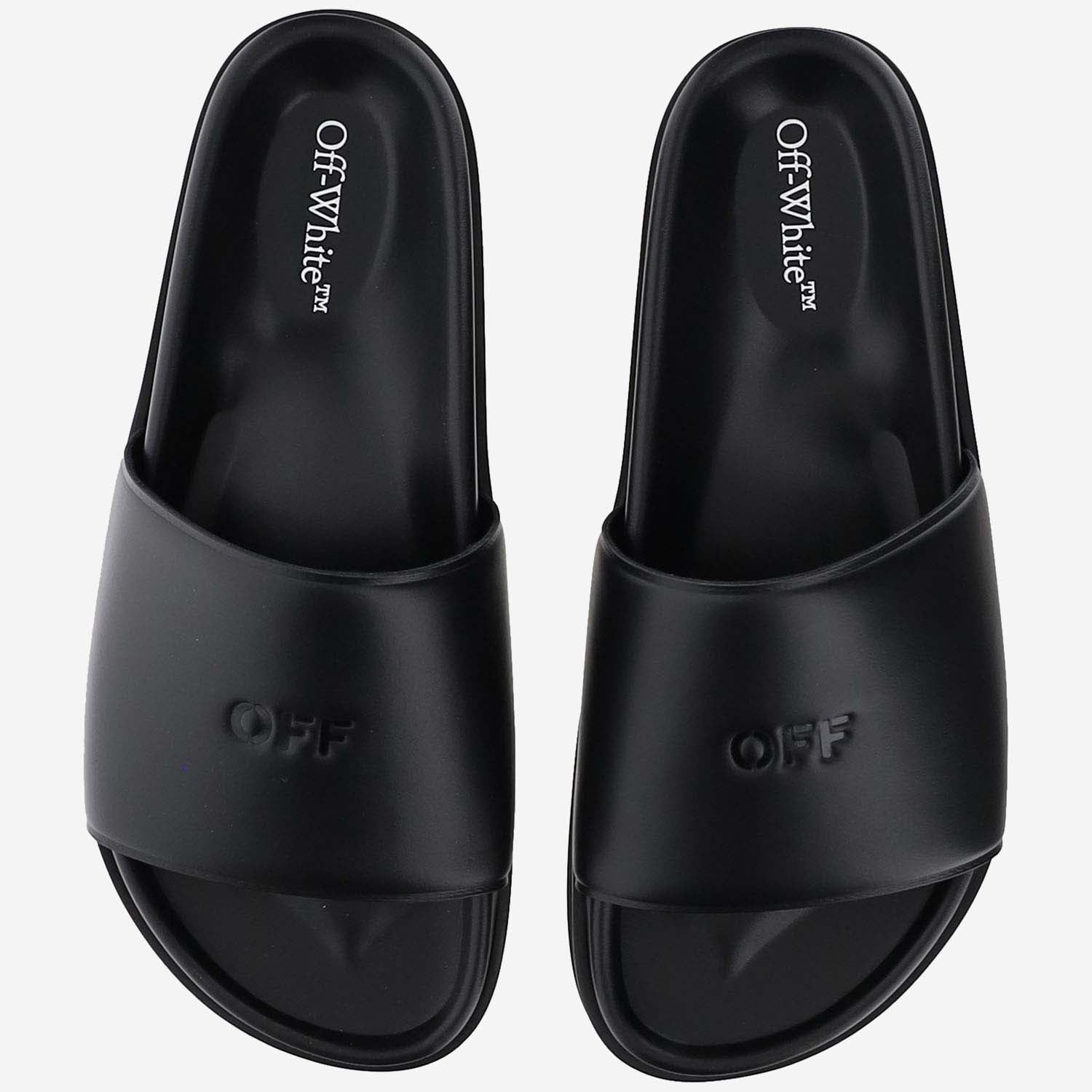Off White Leather Slippers With Logo - Banlieue91 -
