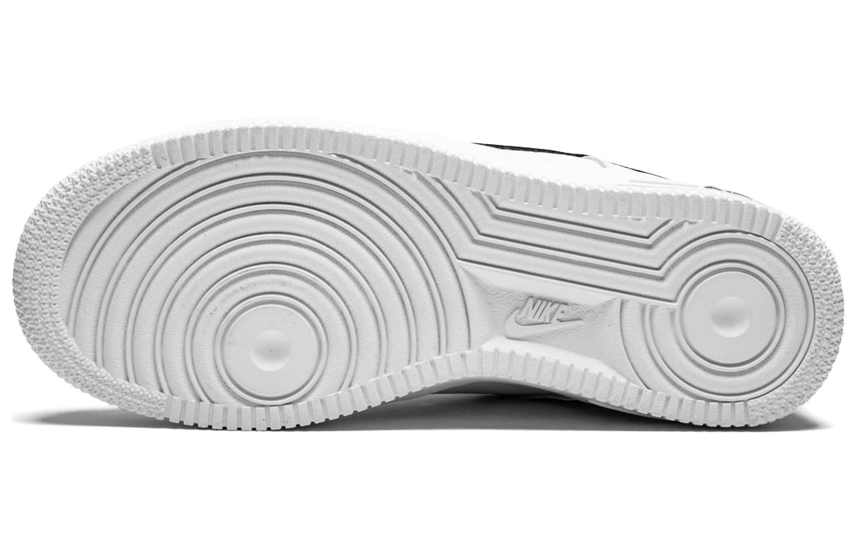 NIke Air Force 1 '07 LV8 'Overbranding' sneaker featuring multiple Swoosh symbols on a stylish white, black, and tour yellow colorway, perfect for lifestyle wear.
