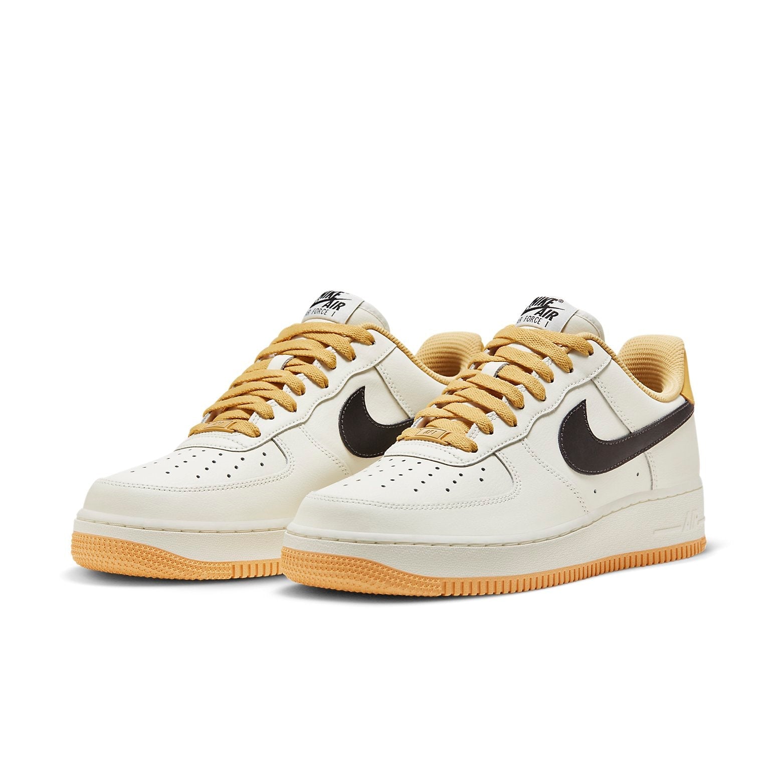 Side view of the Air Force 1 '07 LV8 'Sail Tan Black' displaying the white, yellow, and black color scheme.