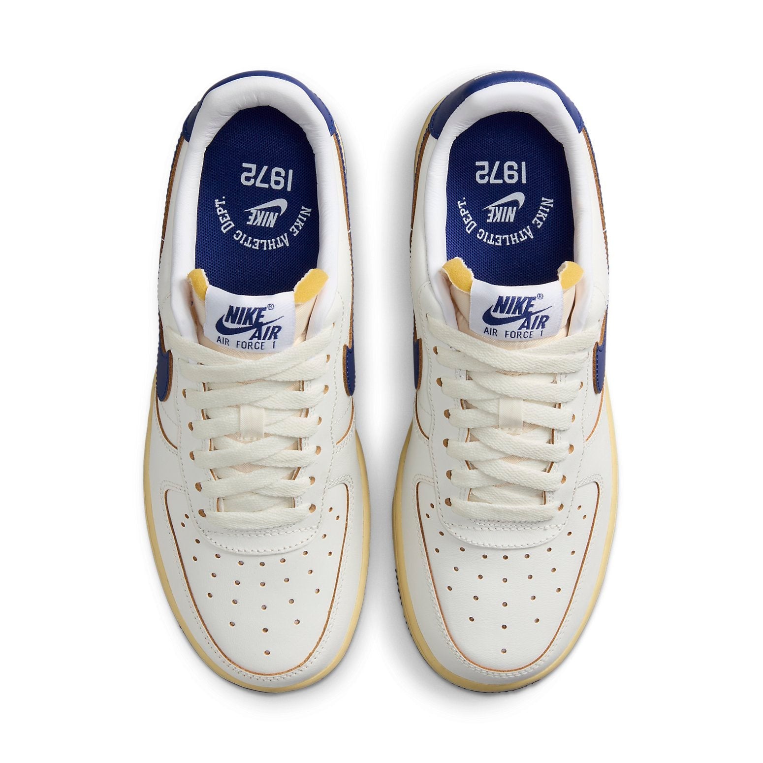 Nike Air Force 1 '07 'Sail Pale Vanilla' side view highlighting sleek silhouette and vibrant Deep Royal Blue accents.
