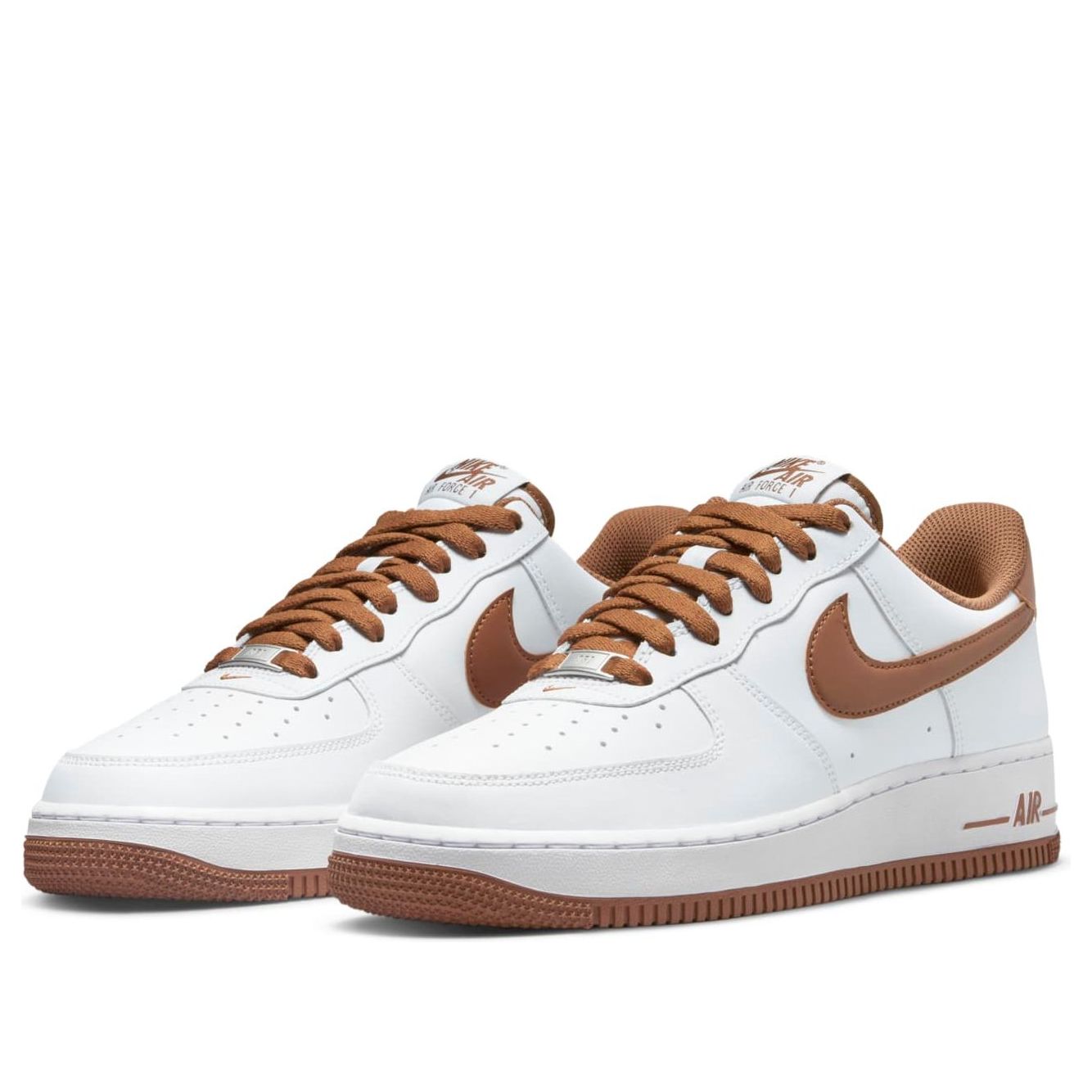 Side view of Nike Air Force 1 '07 'Pecan' displaying its clean design with contrast brown detailing on the collar and outsole.