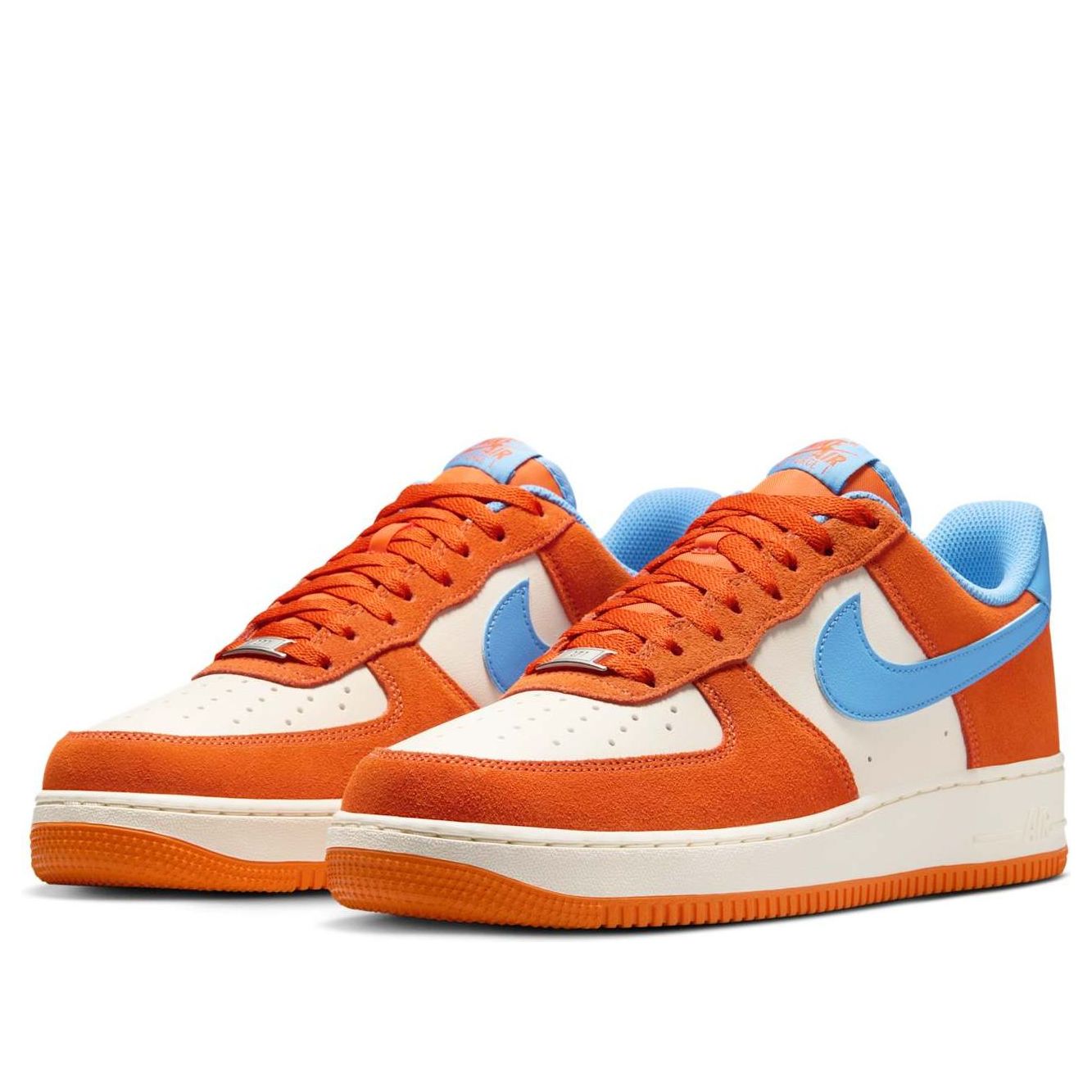 Air Force 1 Low 'Safety Orange Light Blue' on foot, styled with casual streetwear.