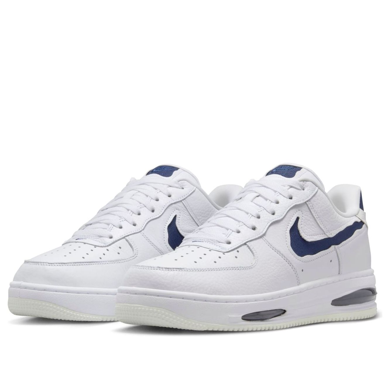 Close-up view of the Nike Air Force 1 Low Evo 'White Midnight Navy' highlighting premium materials and detailing.