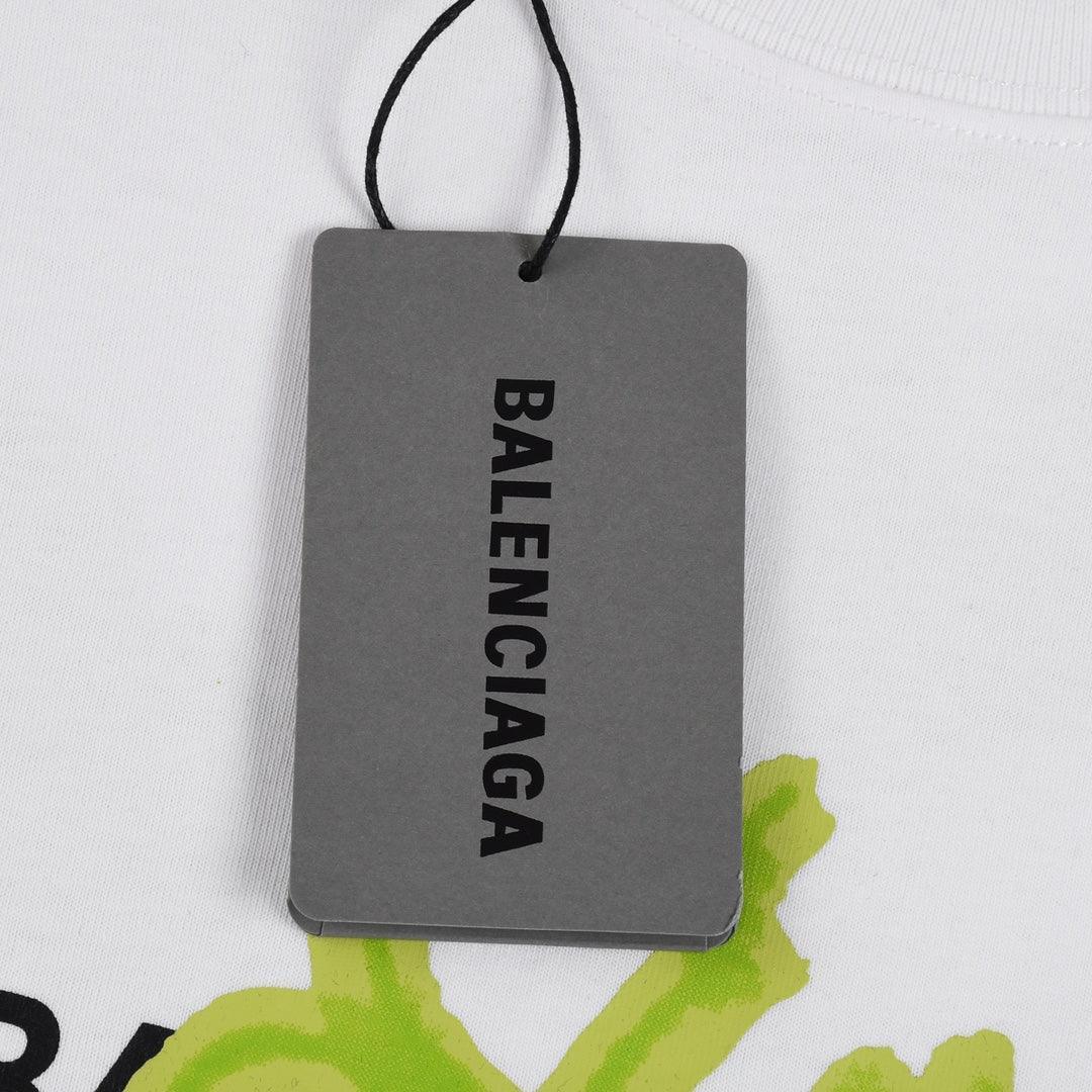 Balenciaga White & Green T-Shirt Without Collar - Banlieue91