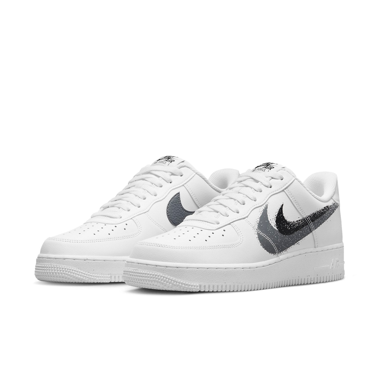 Nike Air Force 1 Low '07 Spray Paint Swoosh White Black Grey side view showcasing the unique Swoosh design.