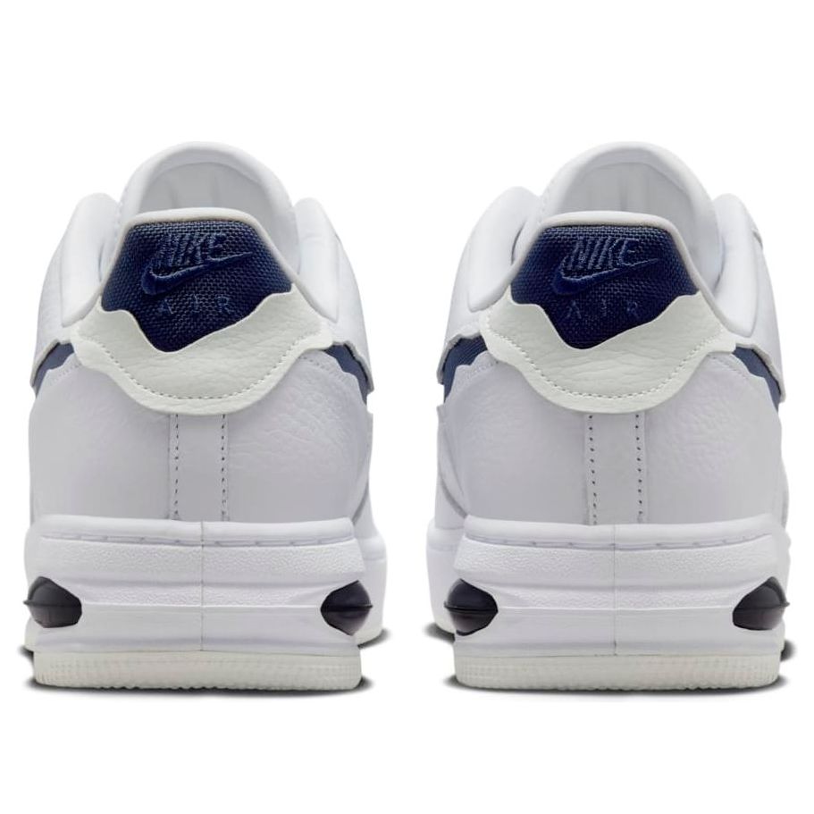 Close-up of Nike Air Force 1 Low Evo 'White Midnight Navy', highlighting its premium materials and trendy design.