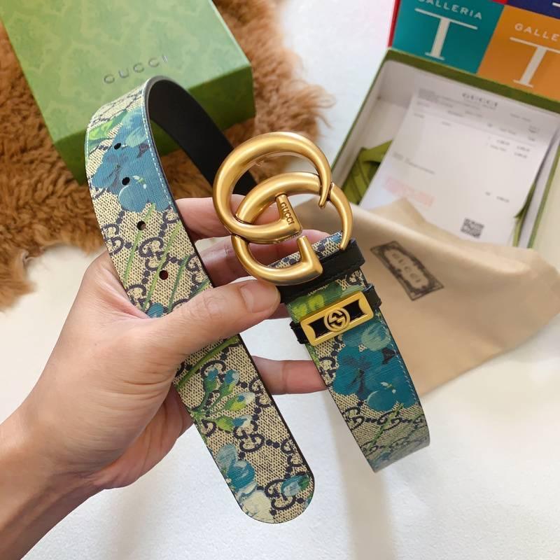 Gucci Guccissima Leather Floral Print Double Gold G Buckle Woman Belt - Banlieue91