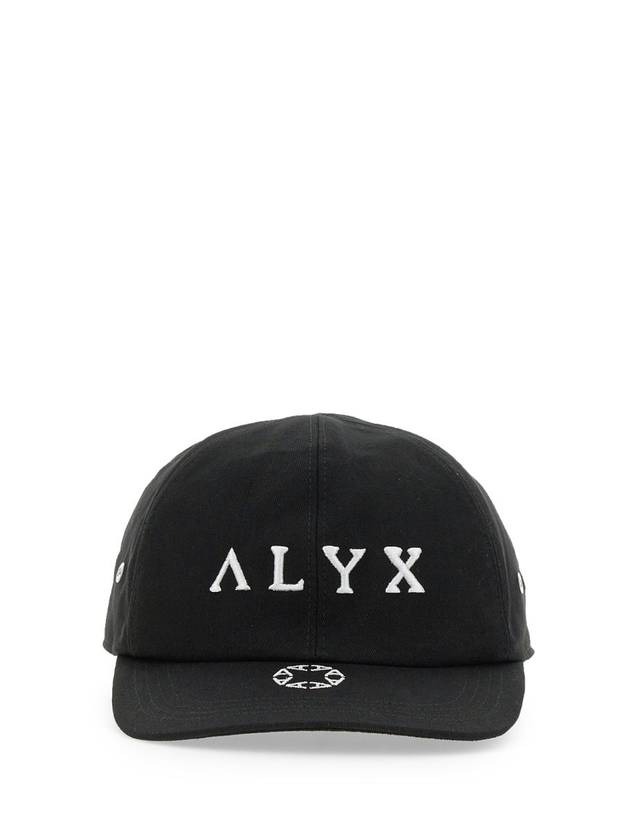 Black baseball cap with ALYX logo embroidery on front, streetwear fashion accessory