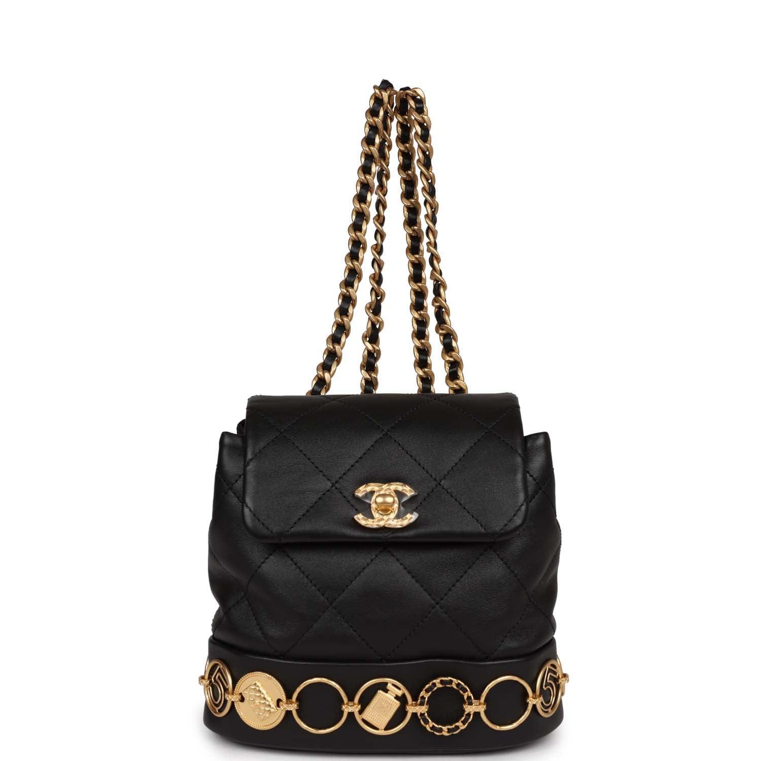 Chanel Small Charm Backpack Black Calfskin Aged Gold Hardware - Banlieue91