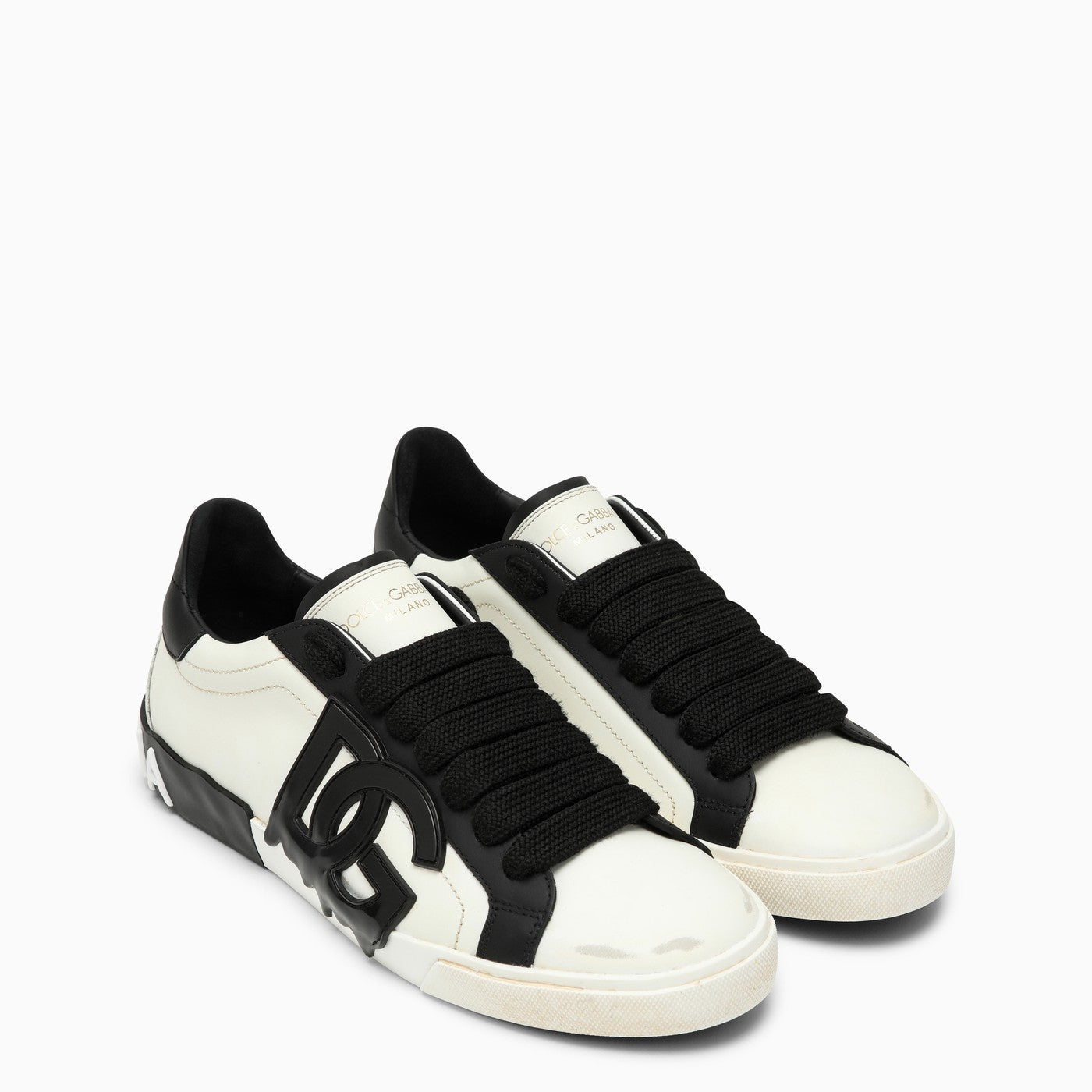 Dolce&Gabbana Portofino Vintage White/Black Leather Trainer - Banlieue91 -