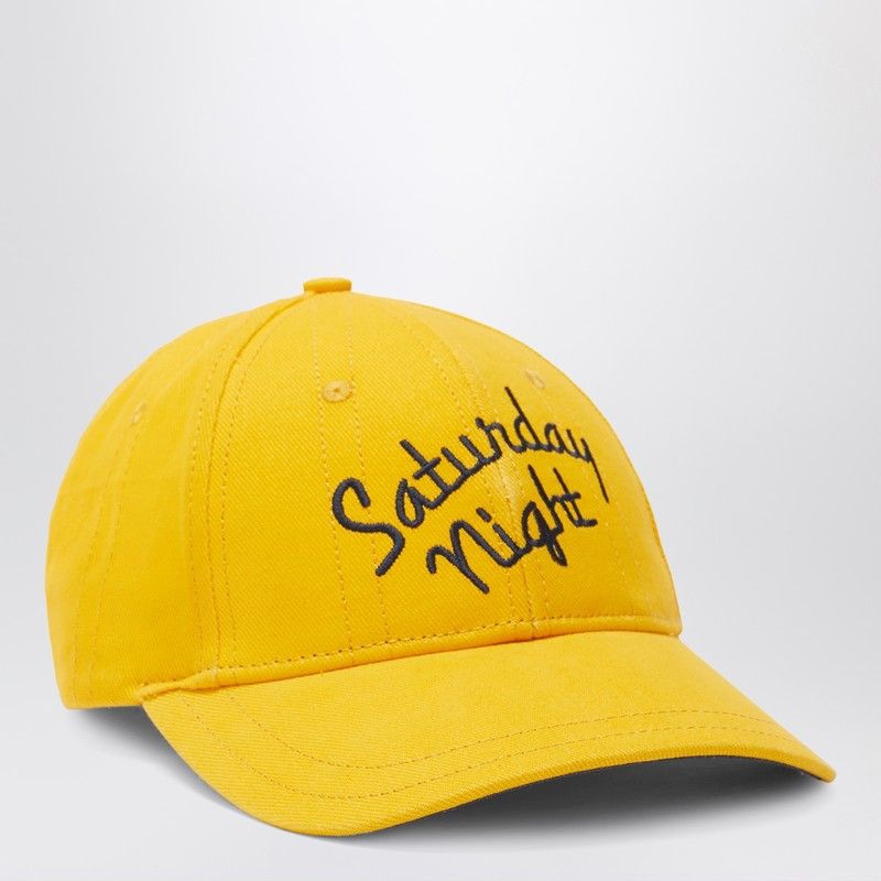 Yellow baseball cap with 'Saturday Night' black embroidery, fashion accessory
