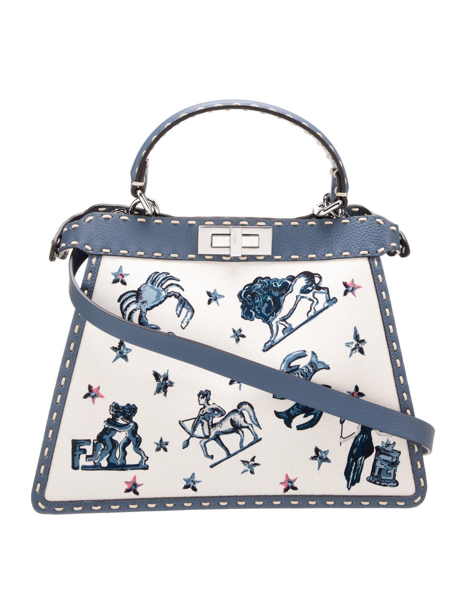 Fendi Cream Leather Astrology Embroidered Canvas Mini Peekaboo Top Handle - Banlieue91