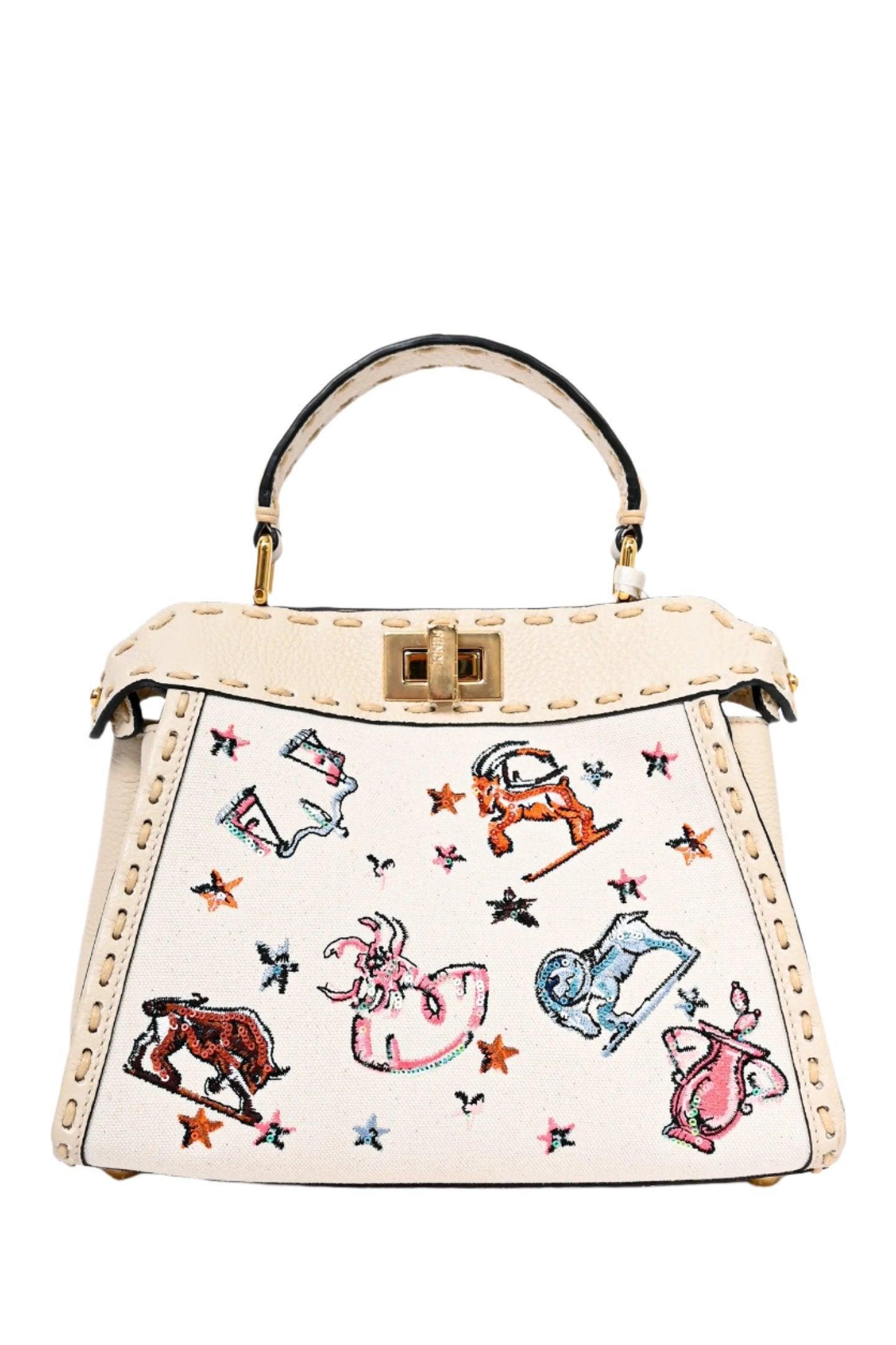 Fendi Cream Leather Astrology Embroidered Canvas Mini Peekaboo Top Handle - Banlieue91