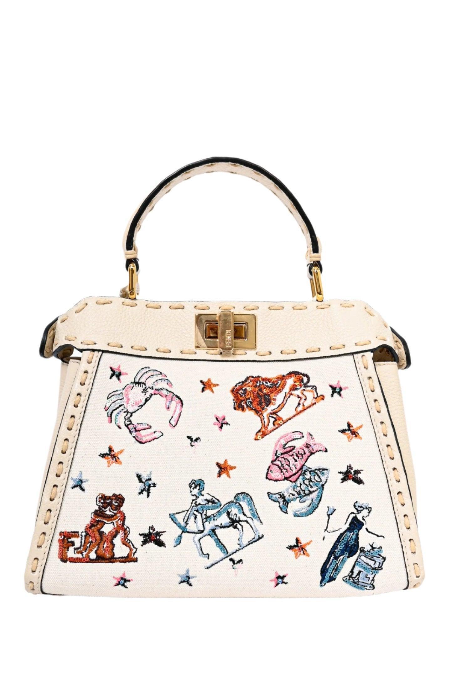 Fendi Cream Leather Astrology Embroidered Canvas Mini Peekaboo Top Handle - Banlieue91