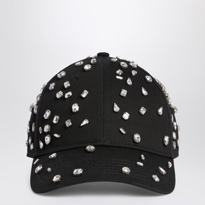 Black baseball cap with clear rhinestone embellishments, trendy and fashionable accessory