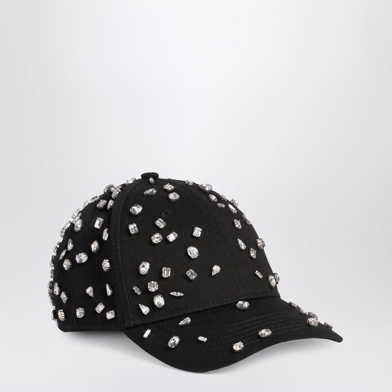 Black baseball cap embellished with sparkling rhinestones, stylish fashion accessory