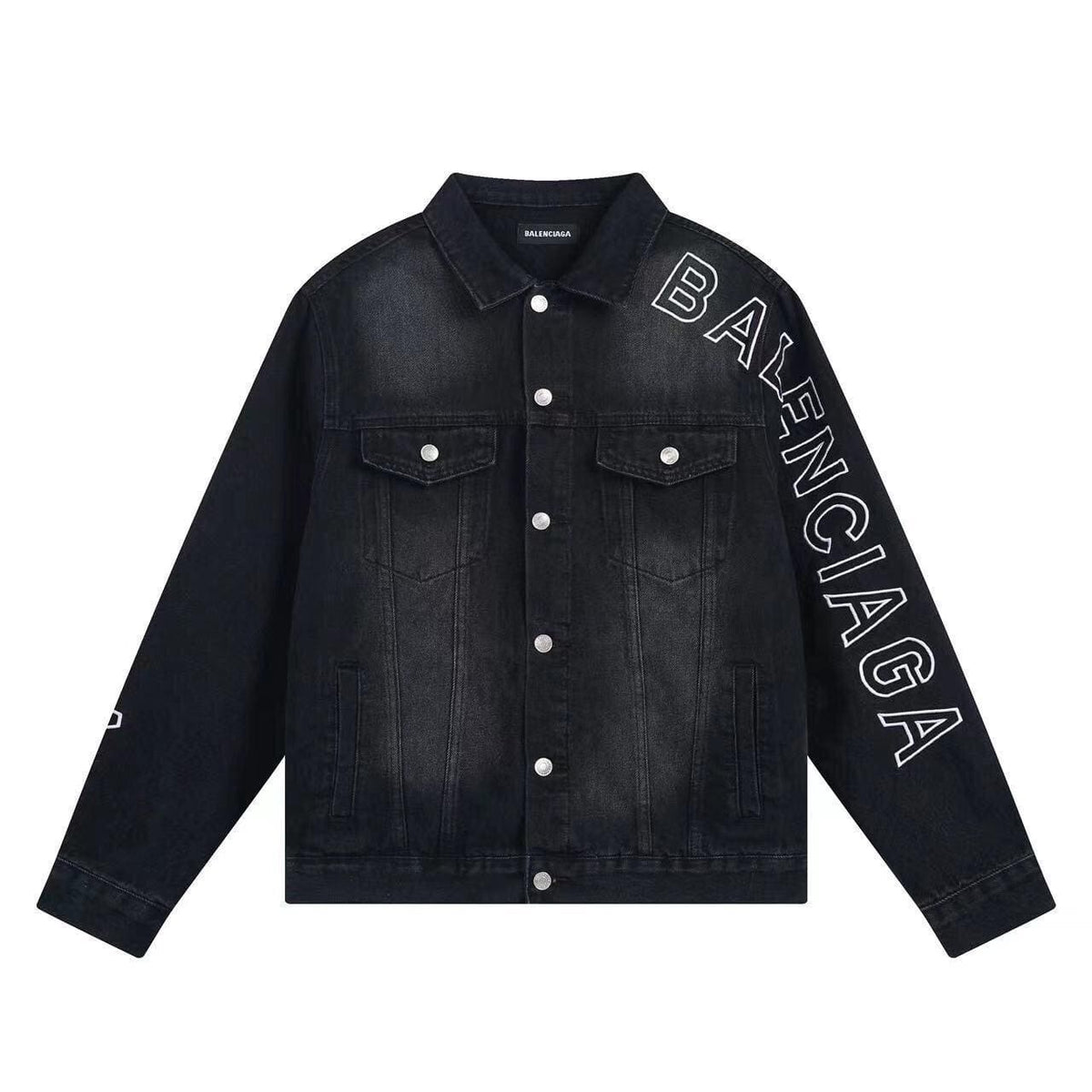 BALENCIAGA UNISEX Embroidered Logo Denim Jacket Sunbleached Black | Banlieue91