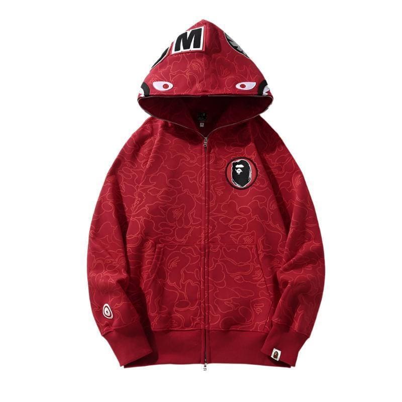 BAPE Line Camo Shark Full Zip Hoodie A Bathing Ape 'Red' | Banlieue91