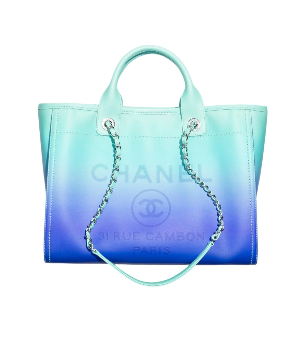Chanel Small Deauville Shopping Tote Blue and Green Ombre Calfskin Silver Hardware | Banlieue91
