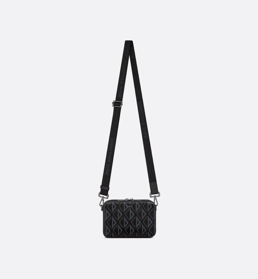 Christian Dior Zipped Pouch with Strap Black Coated Cotton Canvas with CD Diamond Print | Banlieue91