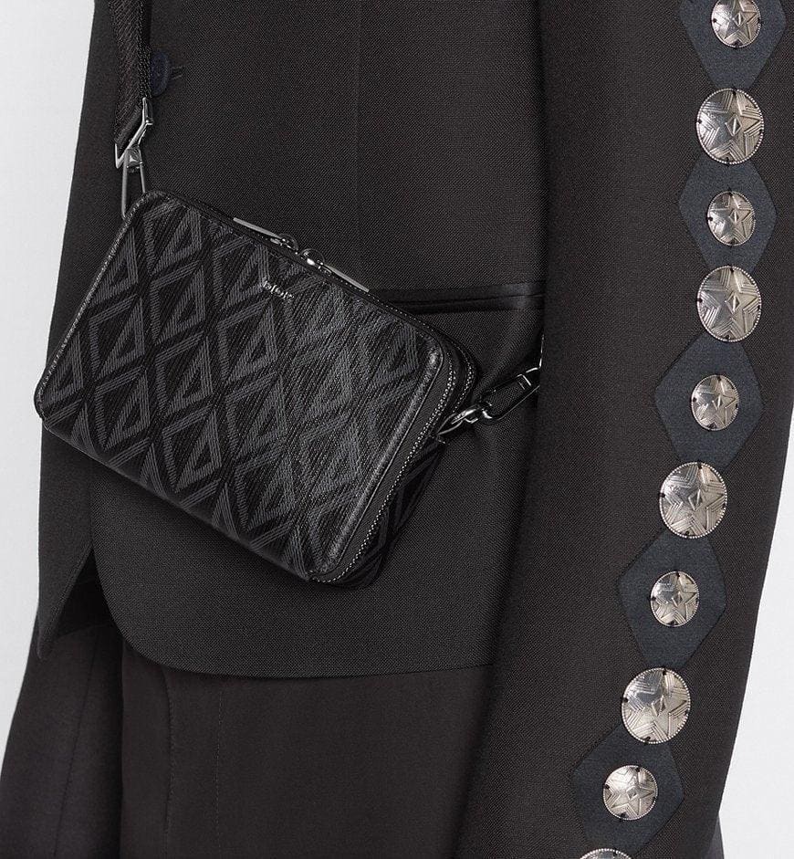Christian Dior Zipped Pouch with Strap Black Coated Cotton Canvas with CD Diamond Print | Banlieue91