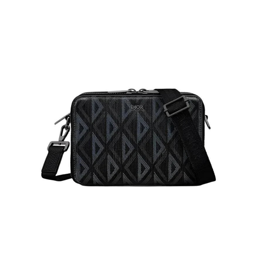 Christian Dior Zipped Pouch with Strap Black Coated Cotton Canvas with CD Diamond Print | Banlieue91