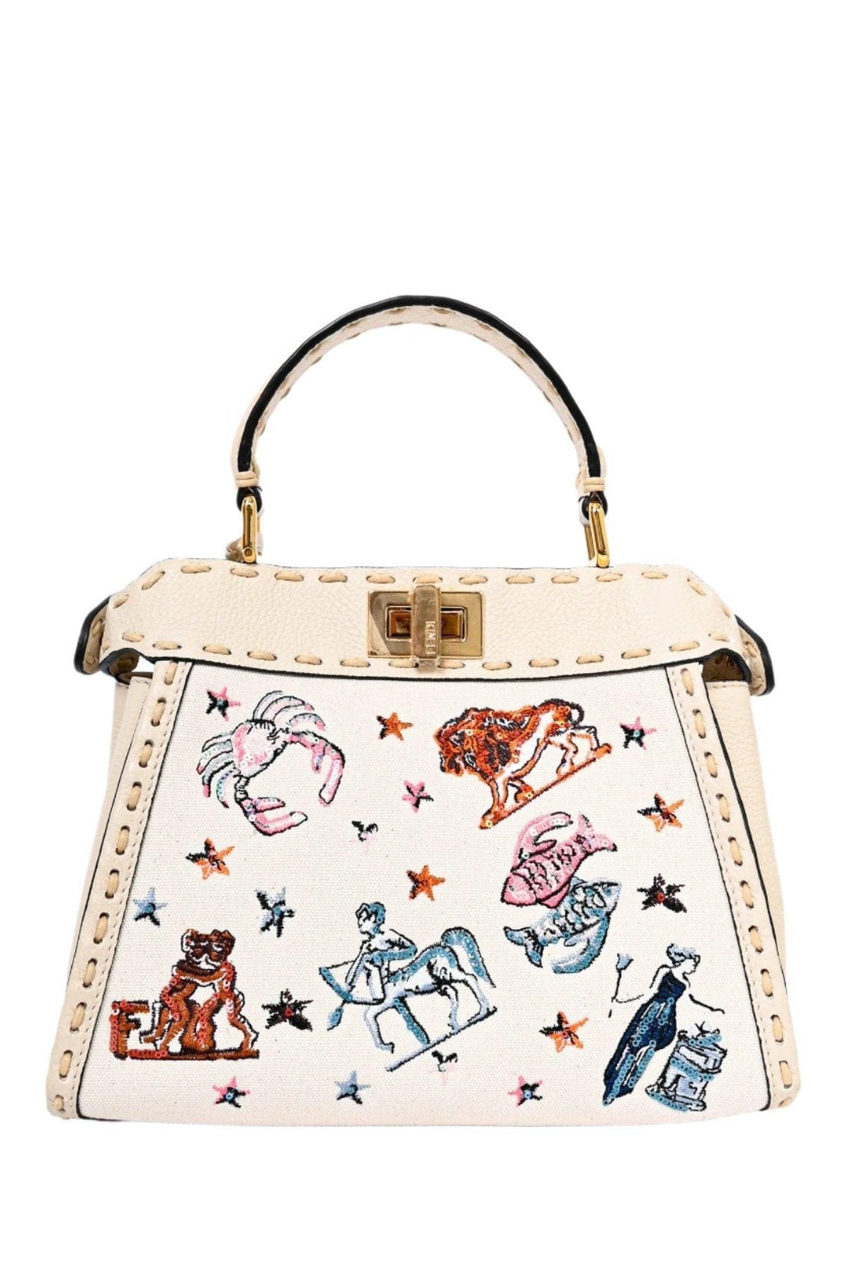 Fendi Cream Leather Astrology Embroidered Canvas Mini Peekaboo Top Handle | Banlieue91