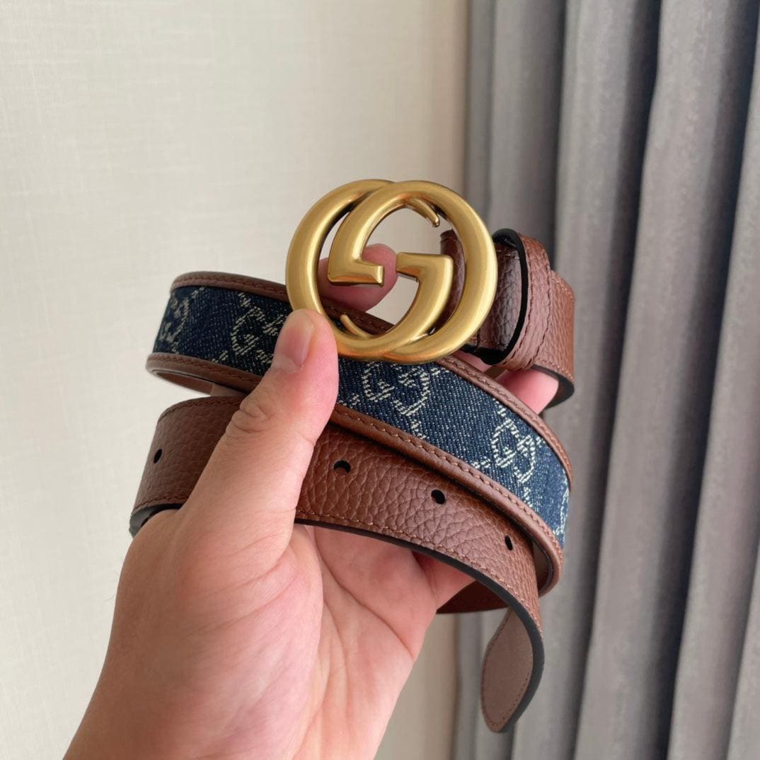 GUCCI Embellished coated-canvas and leather belt 'Brown/Blue' | Banlieue91