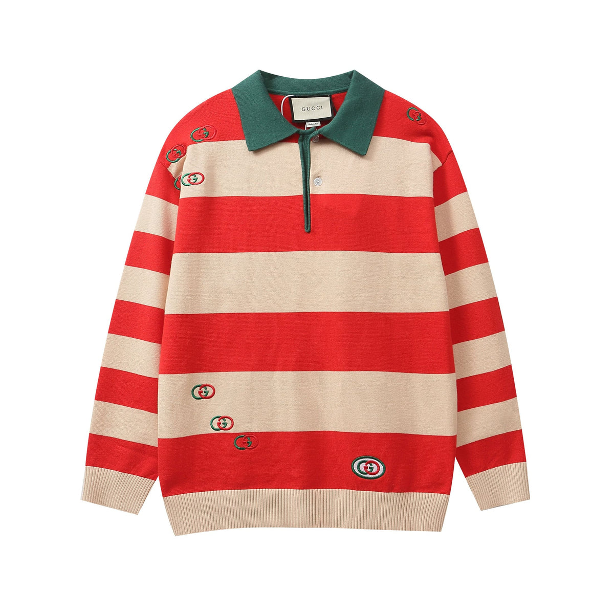 GUCCI Long sleeve polo shirt Interlocking G Knit Cream Red Green mens | Banlieue91