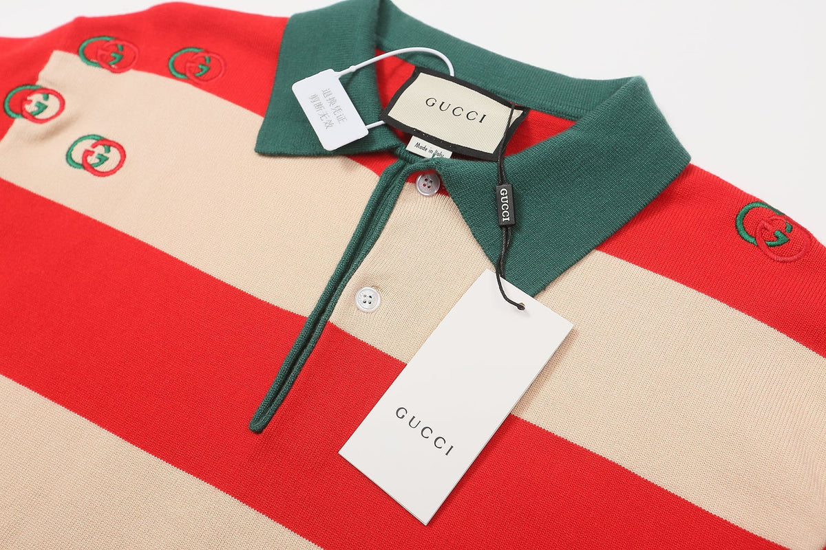 GUCCI Long sleeve polo shirt Interlocking G Knit Cream Red Green mens | Banlieue91