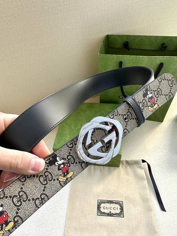 GUCCI x Mickey Mouse Embellished coated-canvas and leather belt 'Grey' | Banlieue91