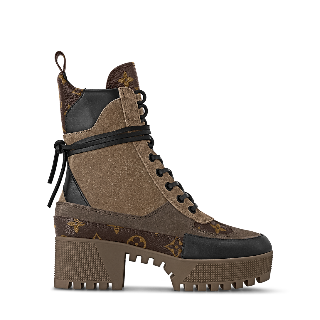 Close-up of Louis Vuitton Laureate Platform Desert Boots featuring a treaded platform outsole and long leather laces.