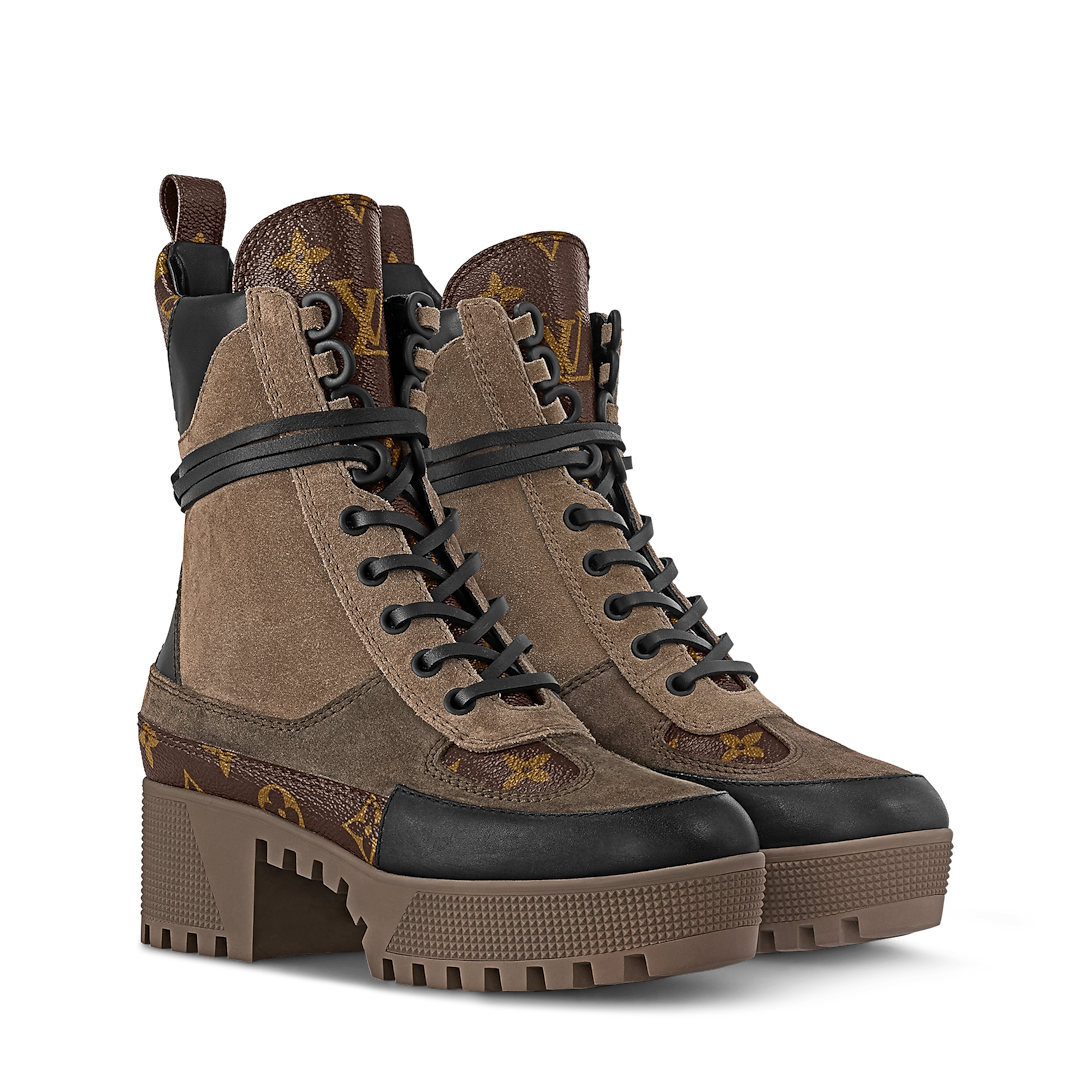 Louis Vuitton Laureate Platform Desert Boots showcasing vintage-inspired Since 1854 jacquard textile and suede calf leather trim.