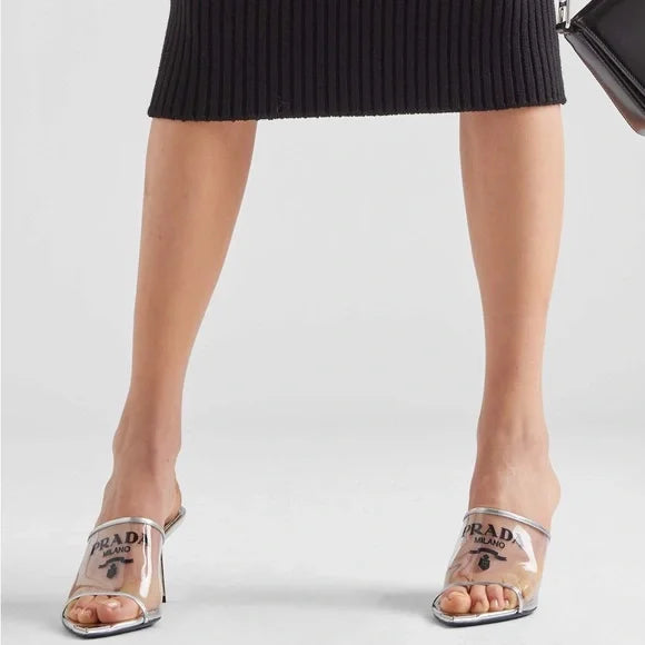 PRADA Logo-print Plexiglas high-heel slides